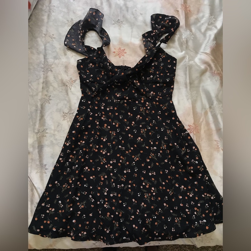 Black floral tie-front mini dress